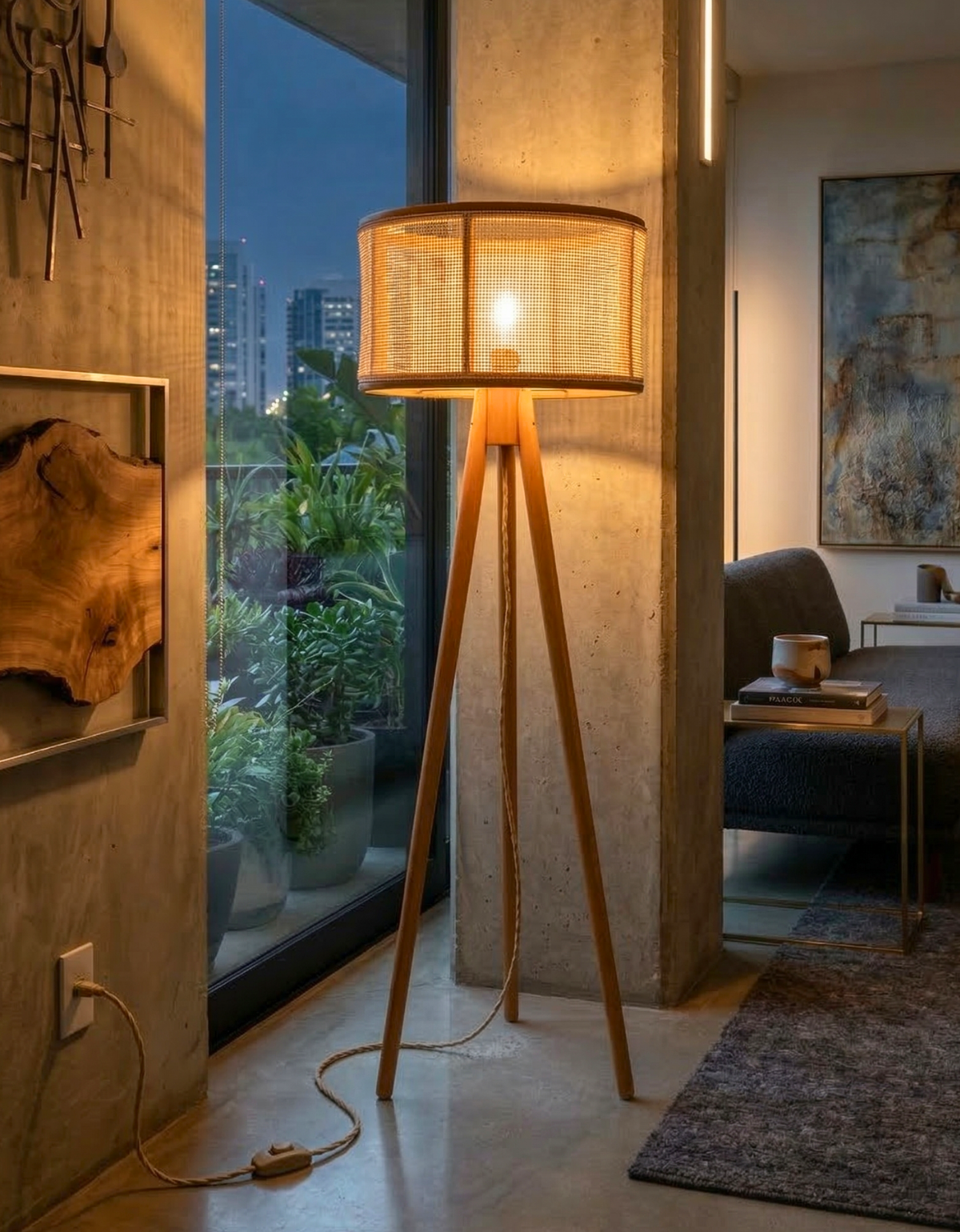 Luminária de Chão Tripé em Madeira Maciça e Cúpula de Palha Natural