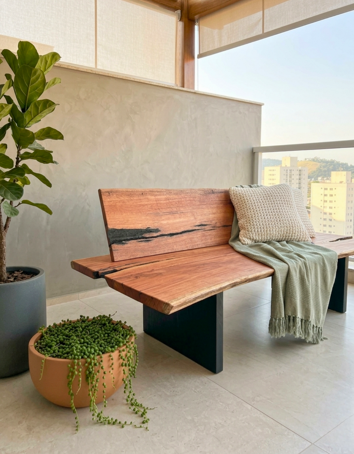 Sofá Escultural com Base em Madeira Maciça Orgânica e Borda Natural