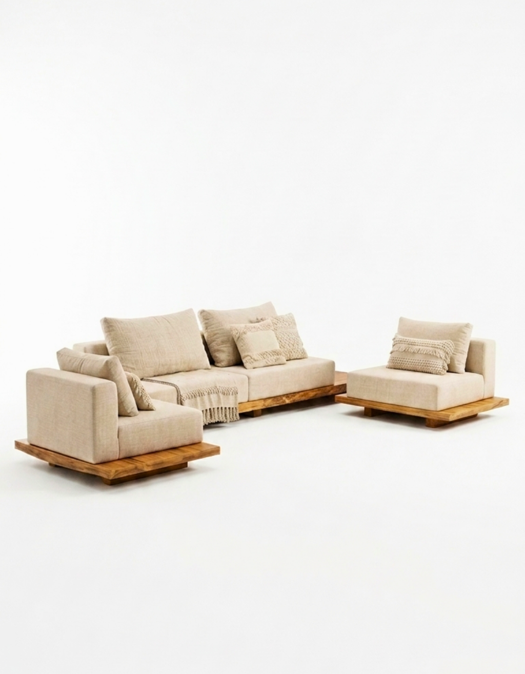 Conjunto Sofá Escultural com Base em Madeira Maciça Orgânica