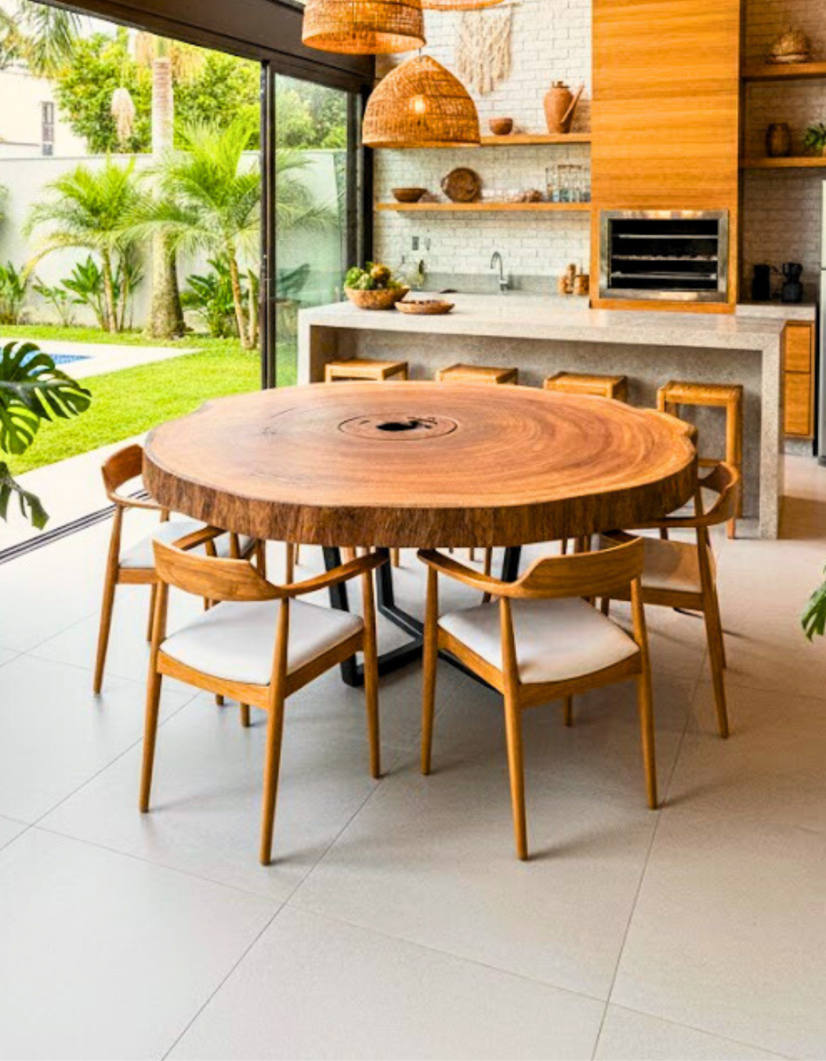 Mesa de Jantar Redonda Orgânica 6 lugares - Tronco de Madeira Maciça